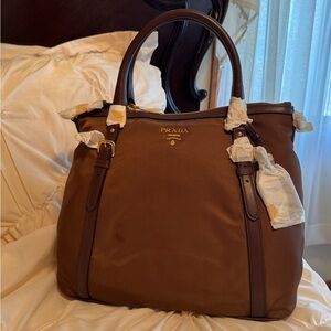 Prada Handbag Nylon Leather Brown Metal Plate